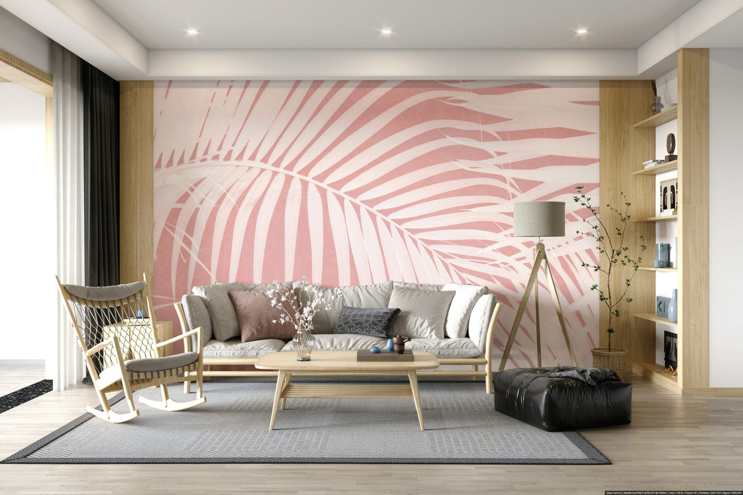 A peaceful botanical pattern mural on decorative wallpaper.

