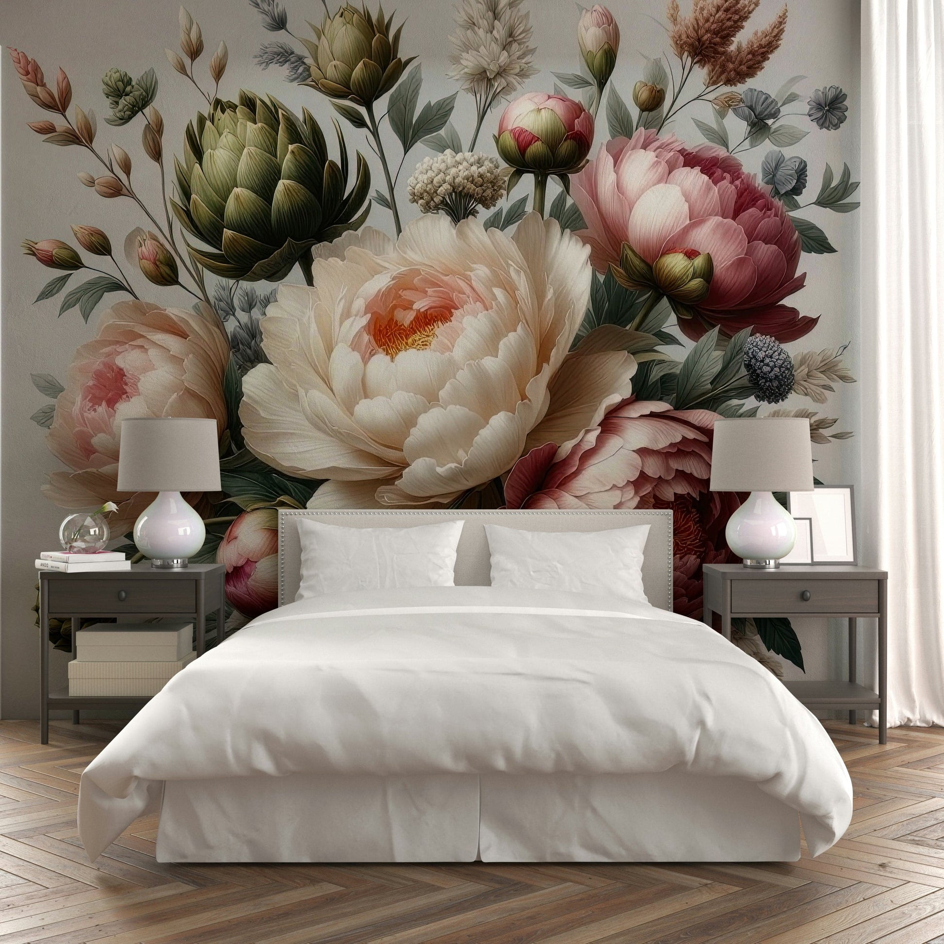 A classic moody mural with a peony pattern.