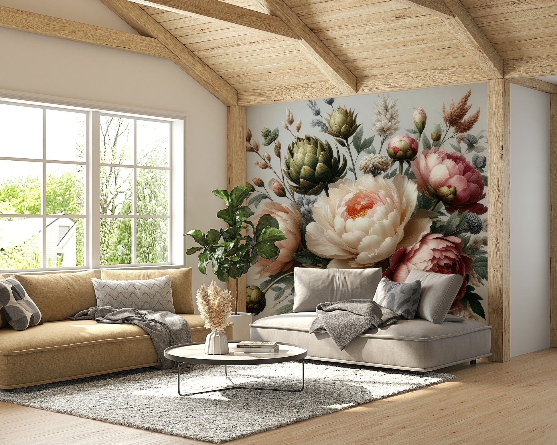 An interior view showing a wall decorated with a Vintage Peonies Moody Wall Mural.