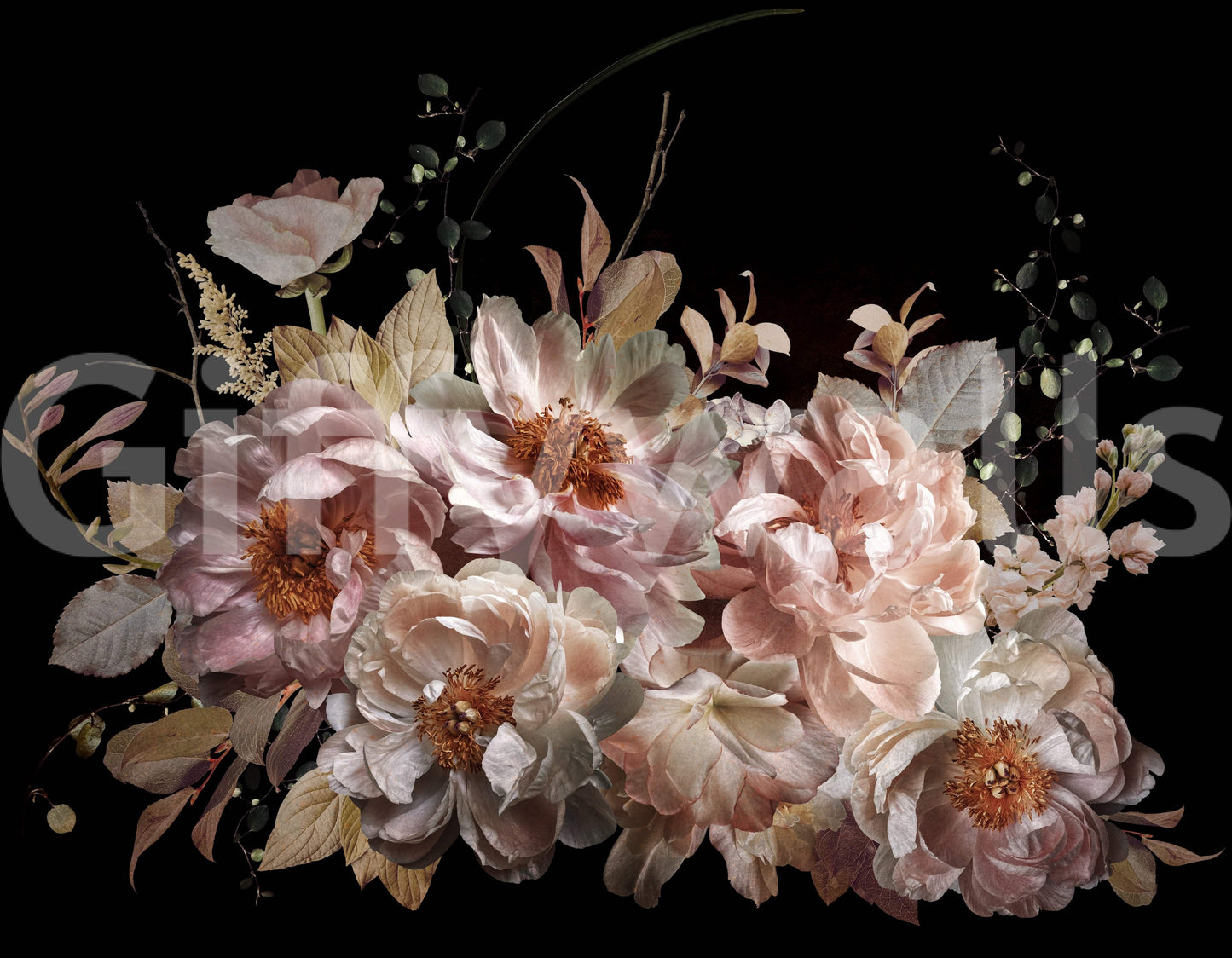 A tasteful peony wall mural design.