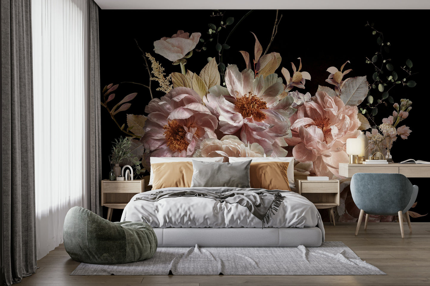 A dramatic floral wallpaper for walls.