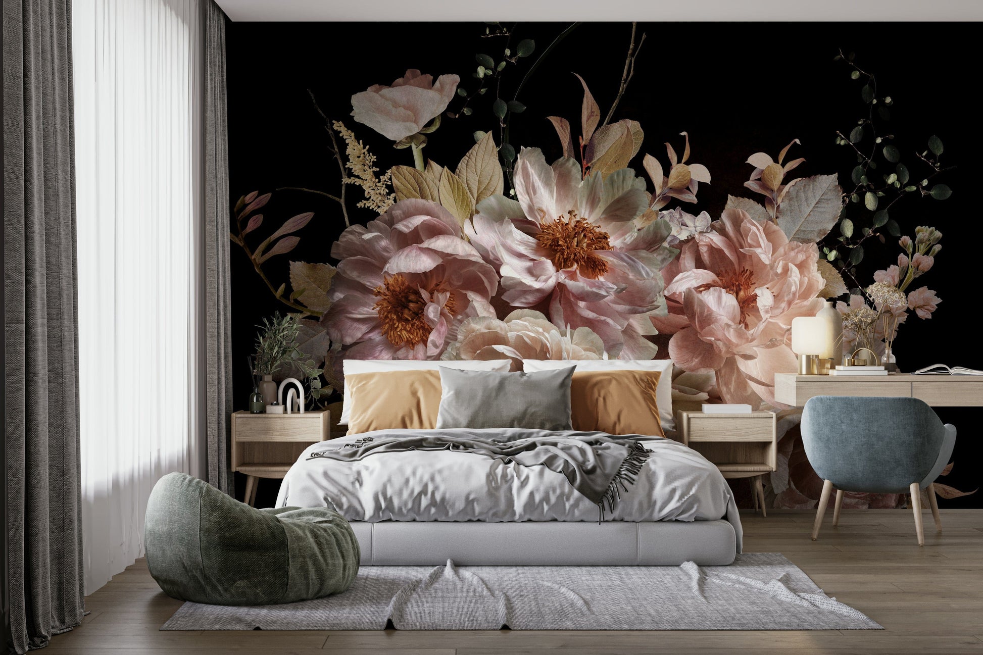 A dramatic floral wallpaper for walls.