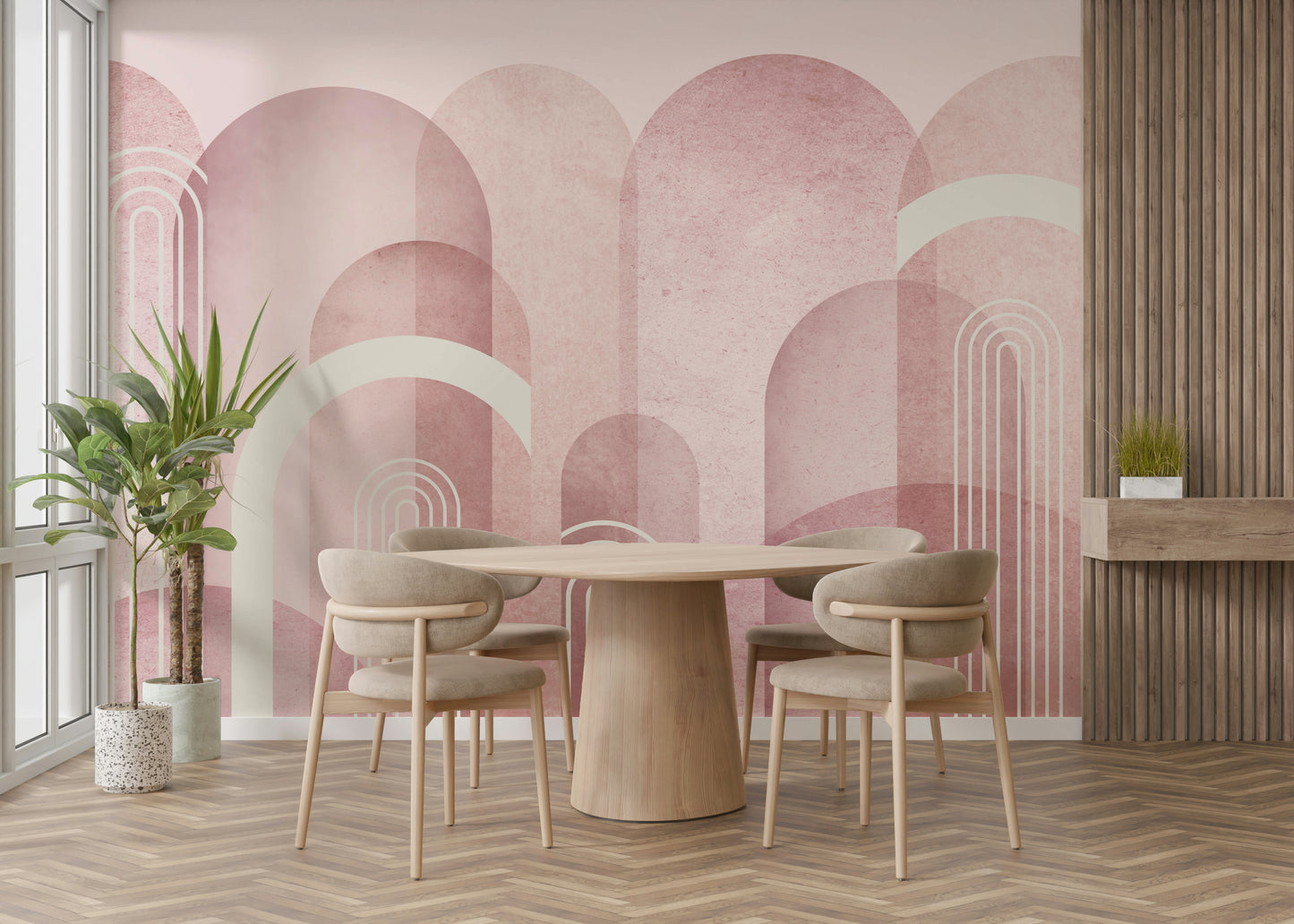 Subtle blush pink arch wallpaper for a chic home decor

