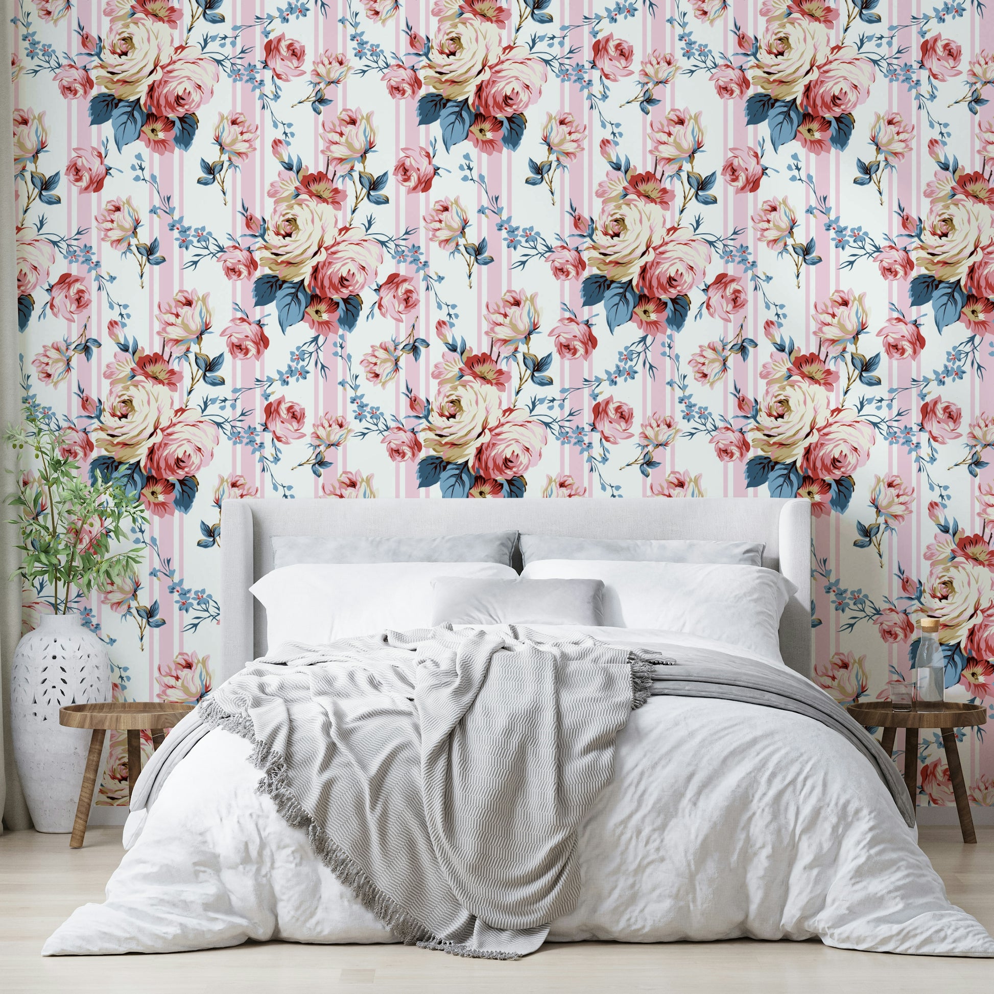Romantic stripe wallpaper featuring bold floral clusters.

