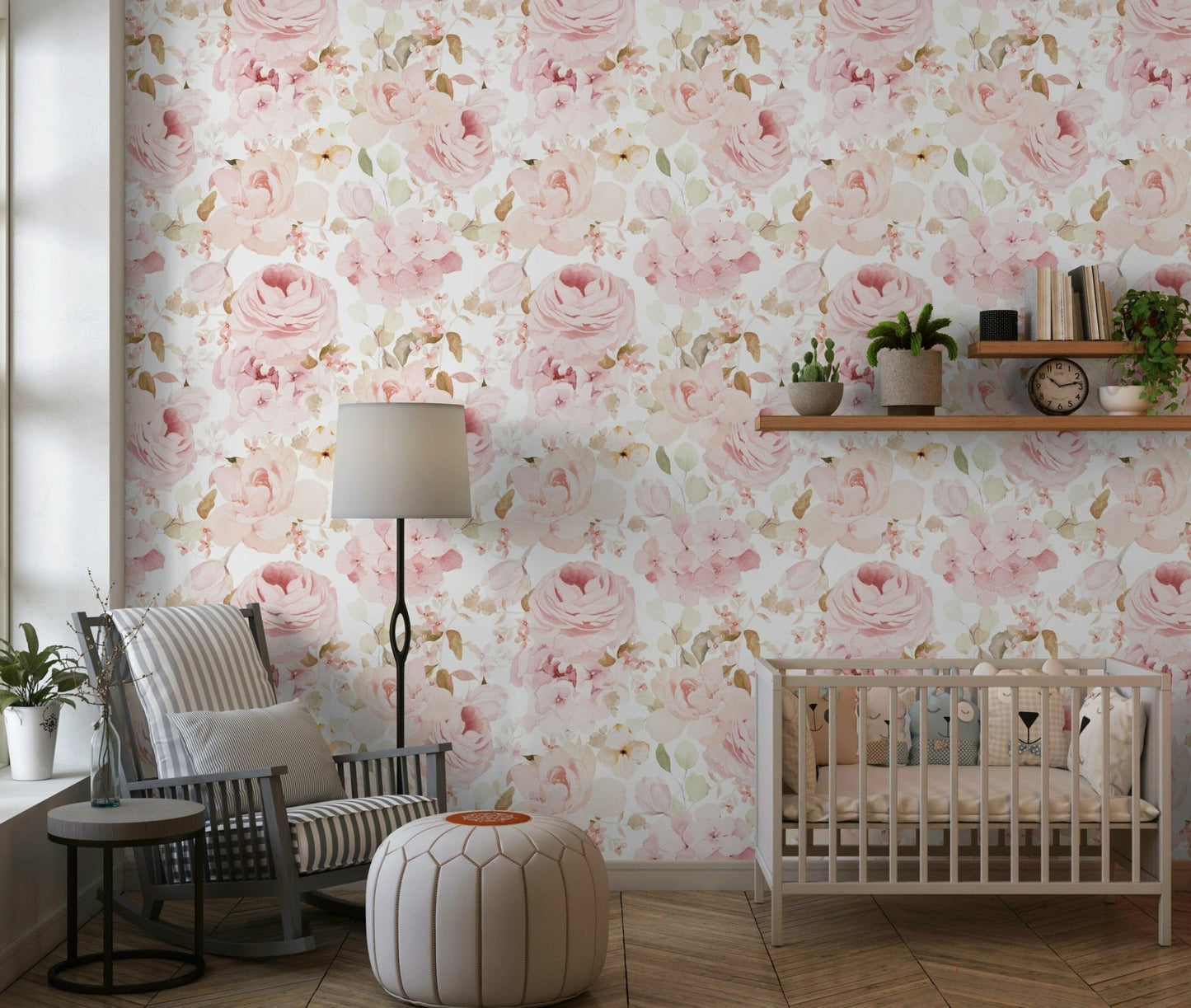 Watercolor rose peel and stick wallpaper Blush Rose Summer Garden