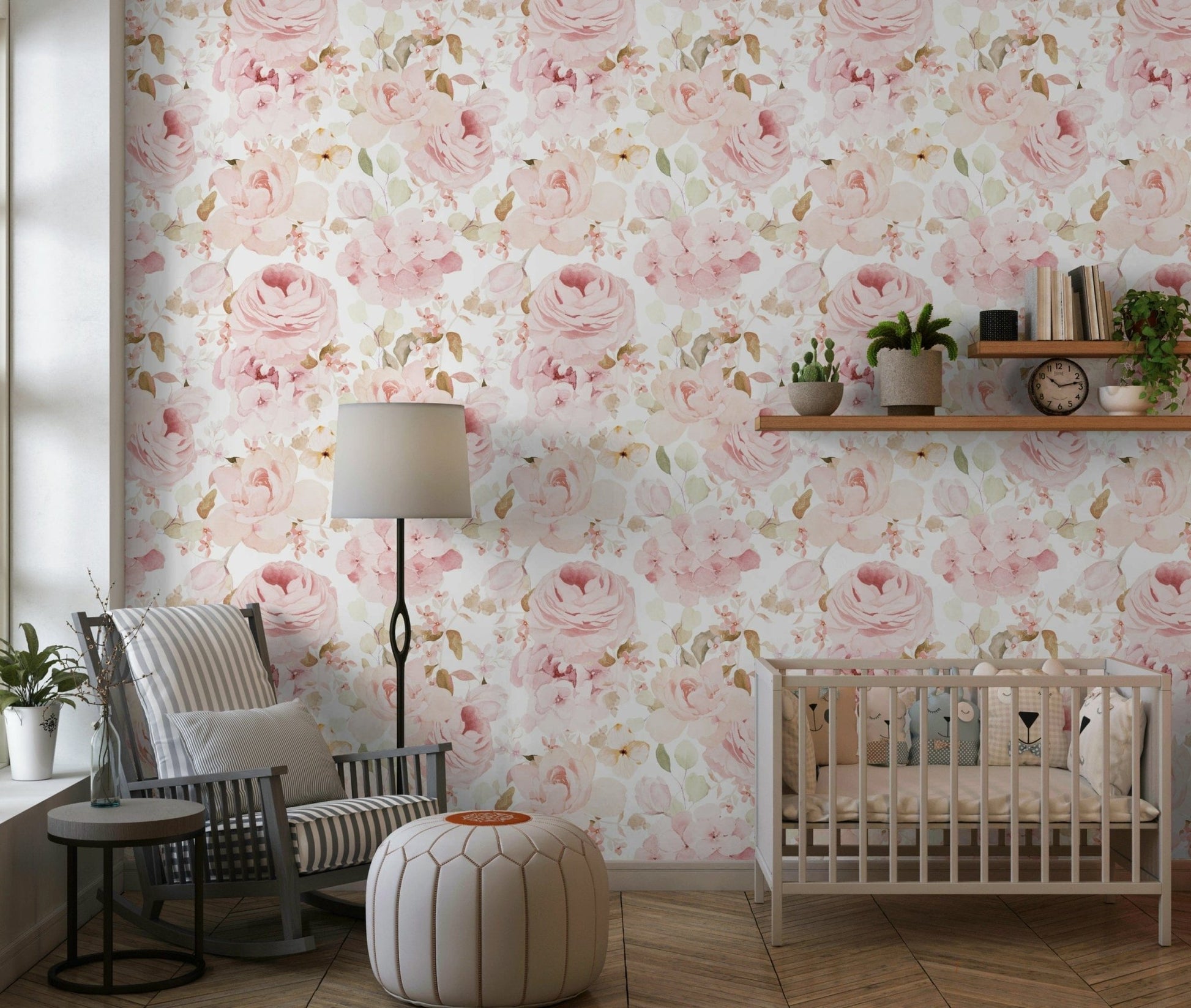 Watercolor rose peel and stick wallpaper Blush Rose Summer Garden