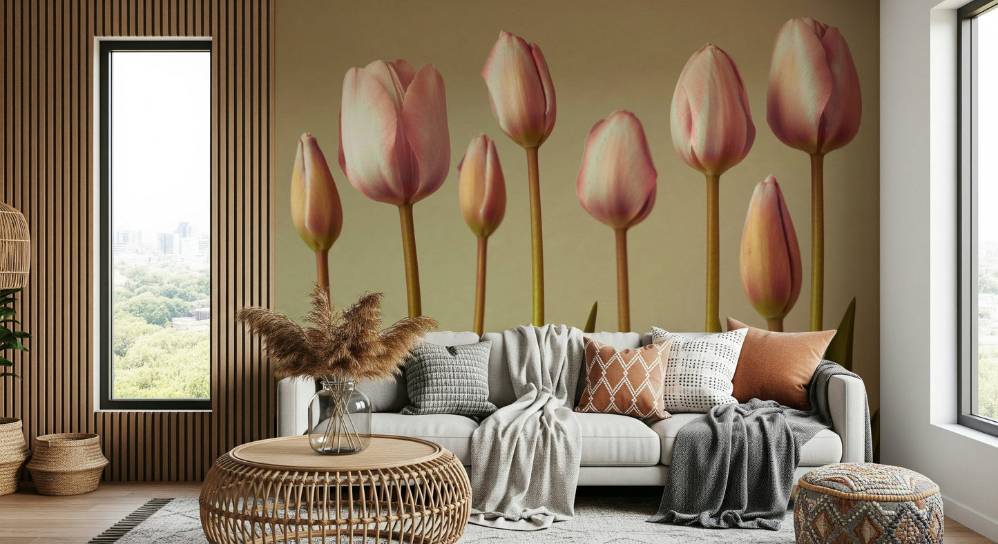 A minimal, classic tulip array, Emerging Elegance wallpaper mural design.