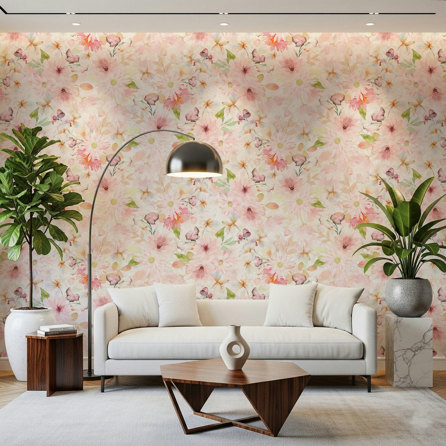 Gentle botanical wallpaper, spring meadow feel, Blush Watercolor Blooms.