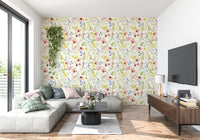 Soft blush wildflower wallpaper for dining nook, light botanical pattern