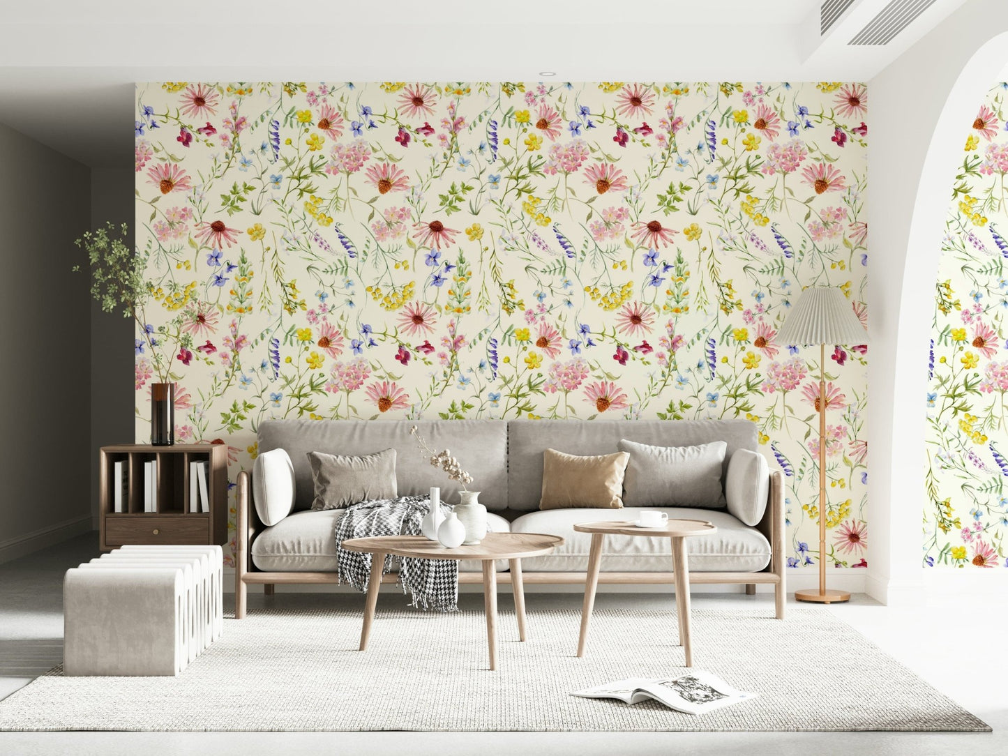 Meadow wildflower wallpaper for hallway, blush florals and gentle greenery