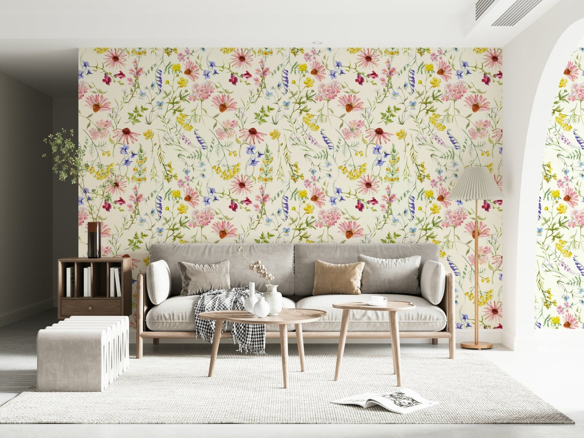 Meadow wildflower wallpaper for hallway, blush florals and gentle greenery