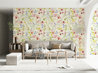Meadow wildflower wallpaper for hallway, blush florals and gentle greenery