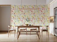 Watercolour wildflower meadow mural for nursery, blush pink and green tones