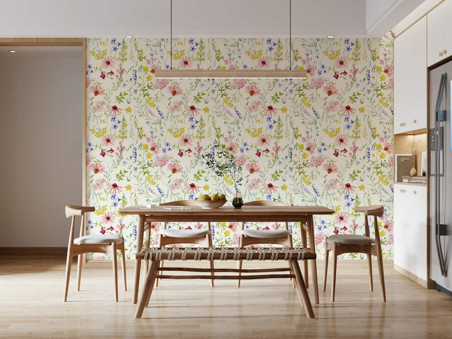 Watercolour wildflower meadow mural for nursery, blush pink and green tones