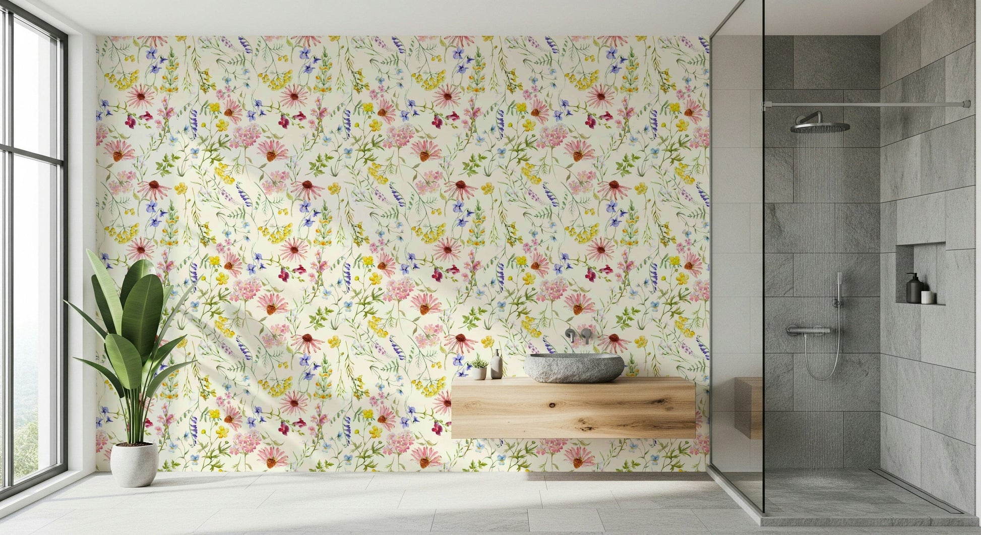 Blush meadow floral wall mural for bedroom wall décor, airy botanical style