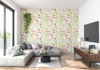 Soft blush wildflower wallpaper for dining nook, light botanical pattern