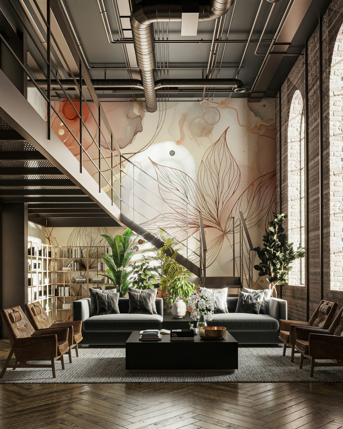 Rødmende botanisk drømmevægmaleri