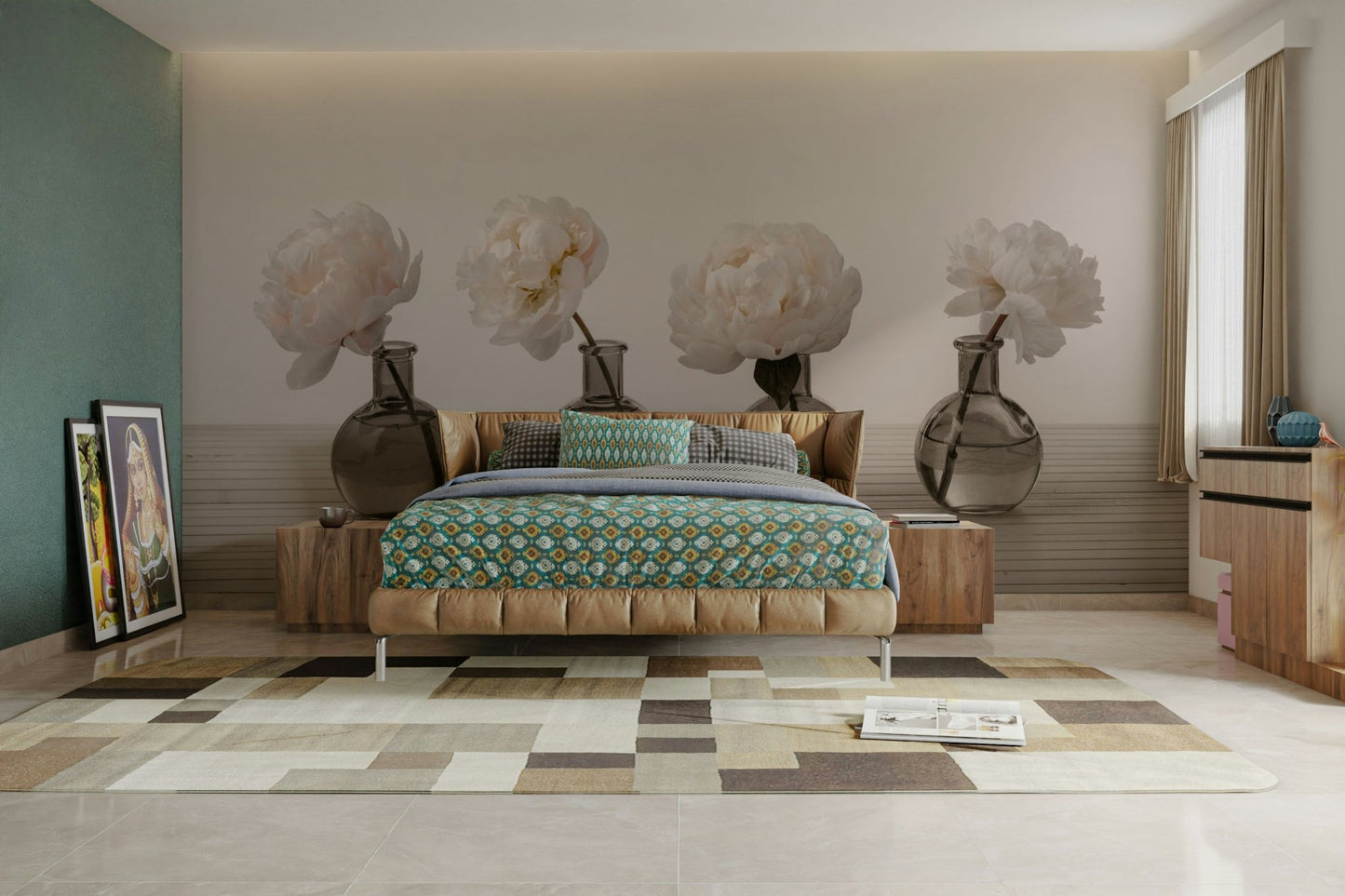 The image shows large, fluffy white or very light pink peonies in clear round vases.

