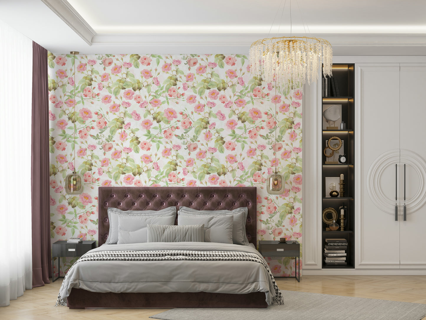 Soft pink floral mural with delicate roses

