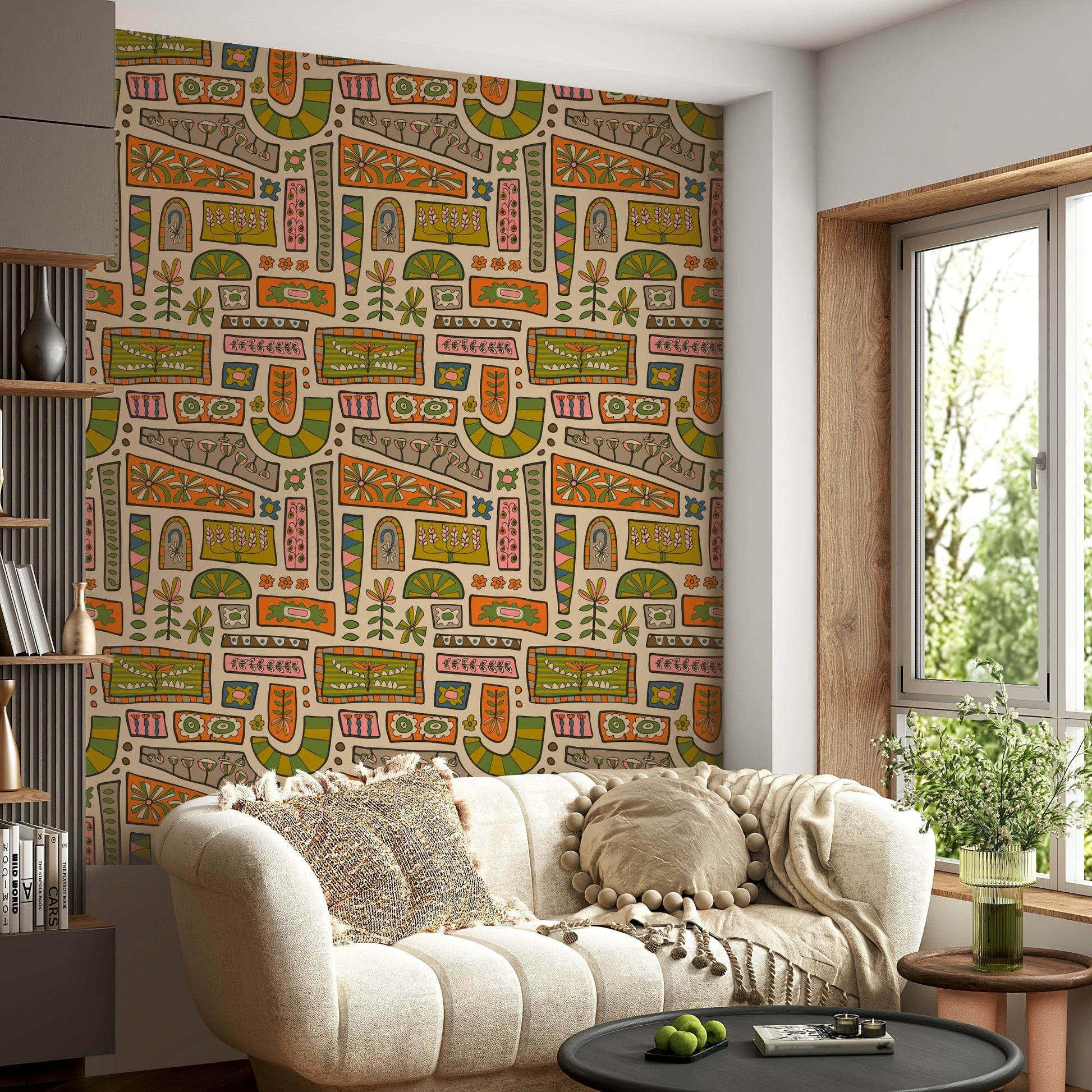 A vibrant mod-style wallpaper with patchwork panels of orange, olive, tan, and pink floral patterns.