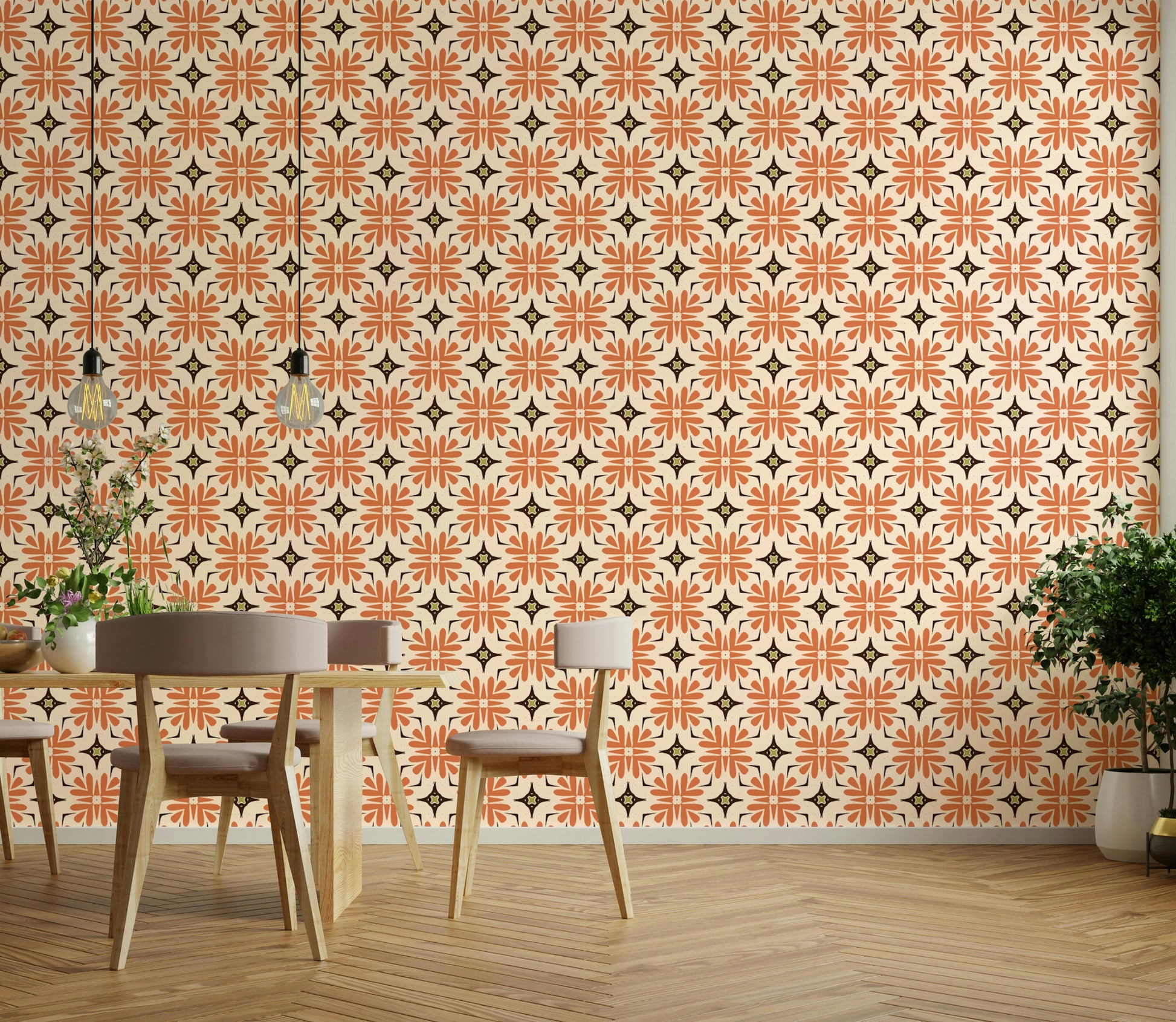 Stylish geometric tile wallpaper with earthy orange tones.

