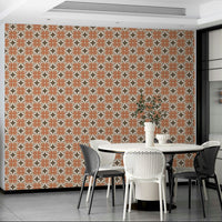 Vibrant bohemian-style wallpaper with intricate tile design.

