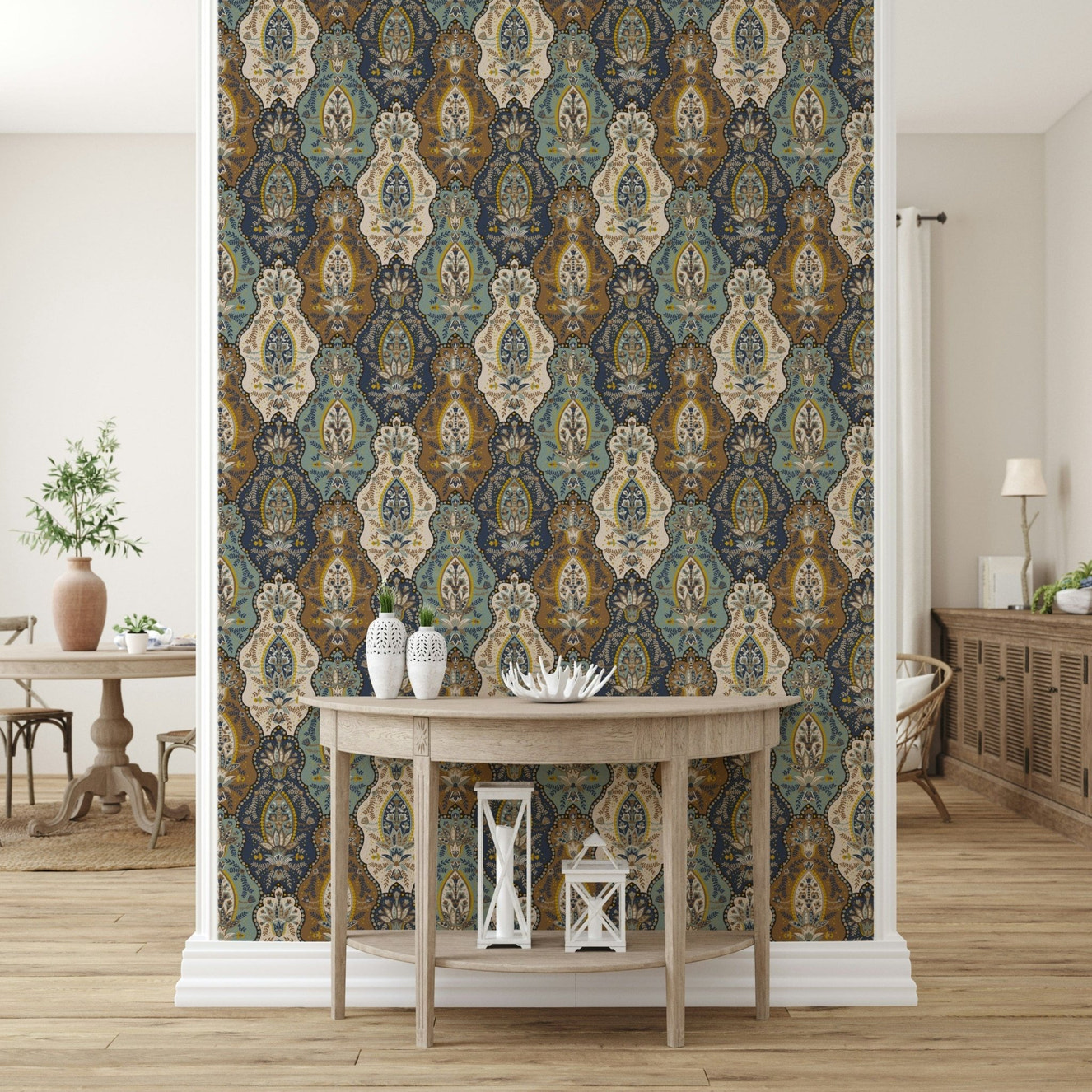 Intricate boho paisley wallpaper mural with layered decorative shapes in rich earthy and cool tones.