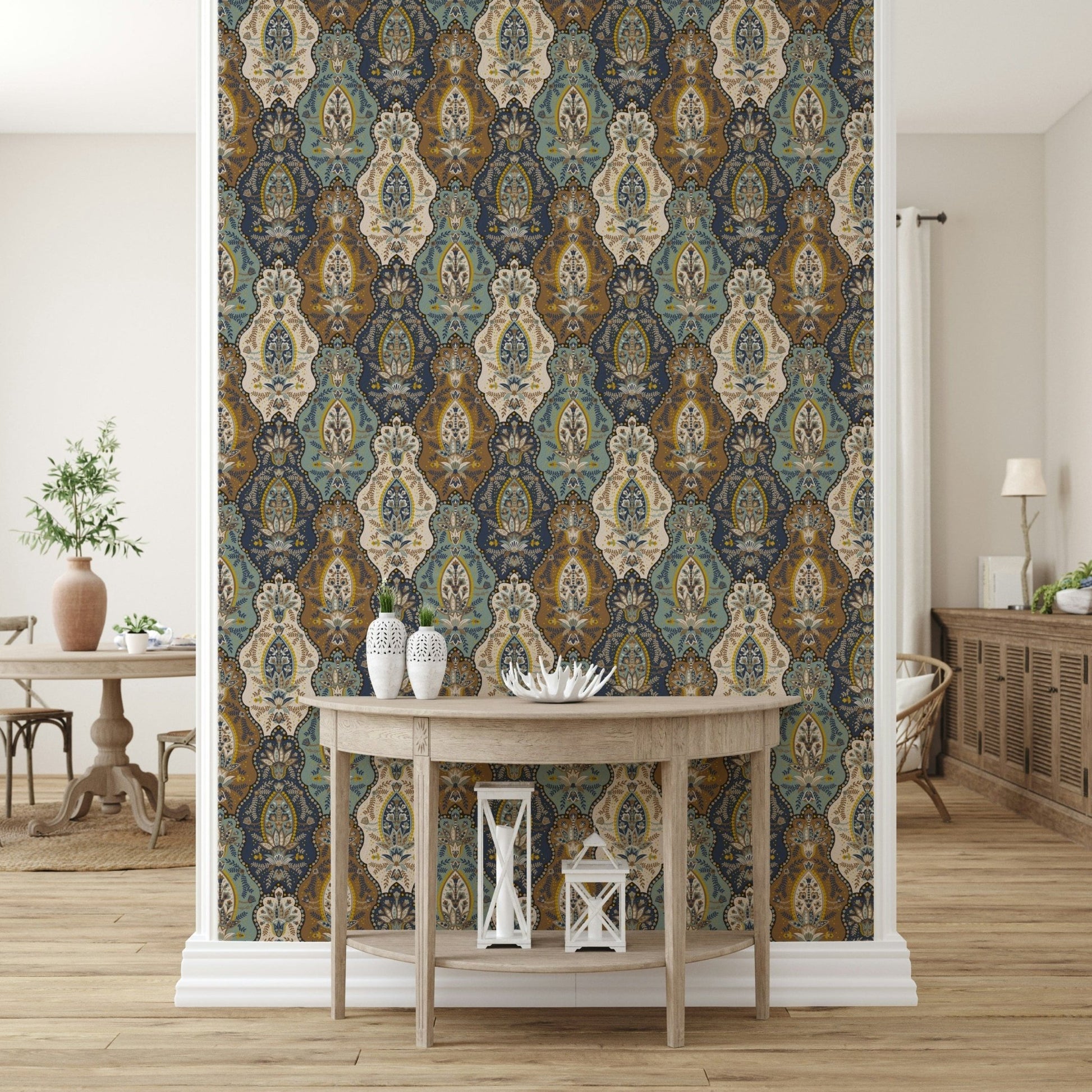 Intricate boho paisley wallpaper mural with layered decorative shapes in rich earthy and cool tones.