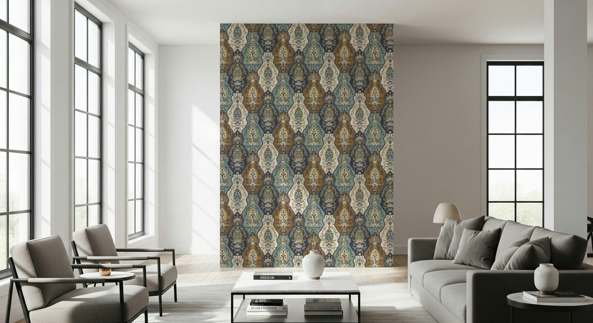 Ornate bohemian paisley wallpaper mural with richly layered decorative patterns.