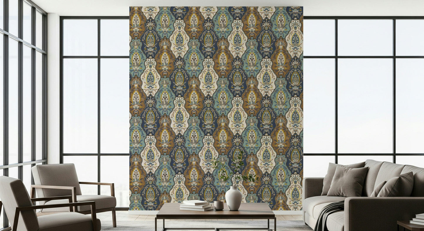 Boho-style paisley wallpaper featuring complex symmetrical motifs in warm and cool hues.