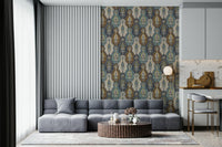 Vintage-inspired paisley wallpaper mural with blue, gold, and beige ornamental designs.