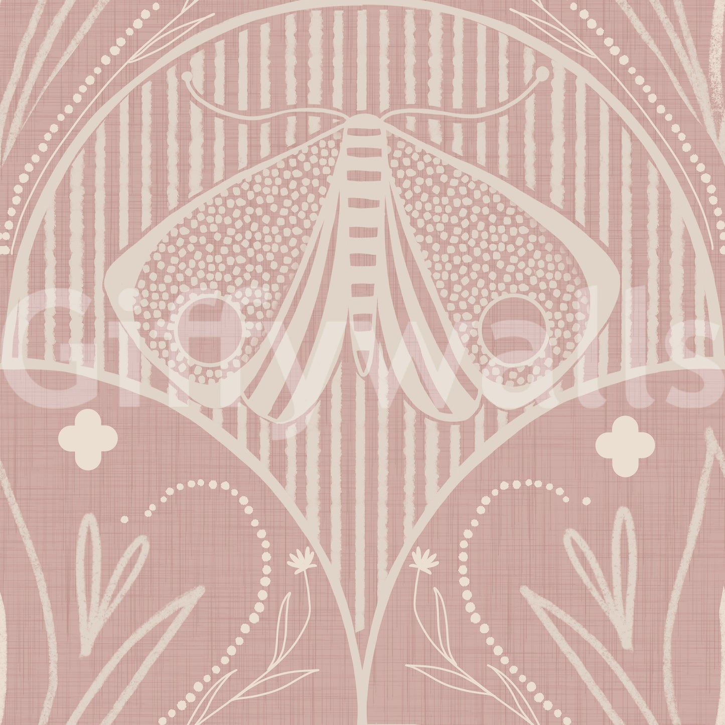 Papier peint floral papillon coquille Art nouveau bohème en crème et rose poussiéreux