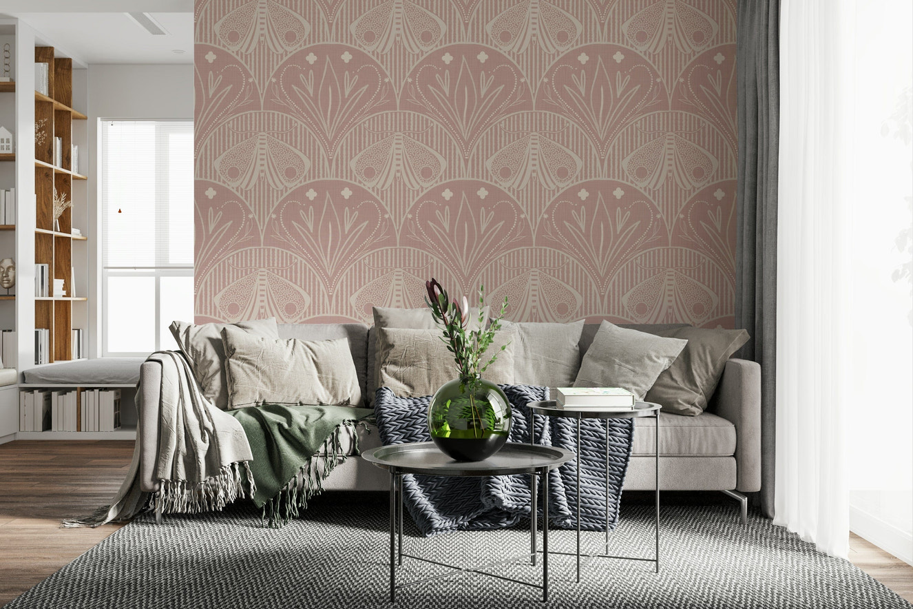 Boho Art Nouveau Scallop Butterfly Floral in Cream and Dust Pink Wallpaper⁠