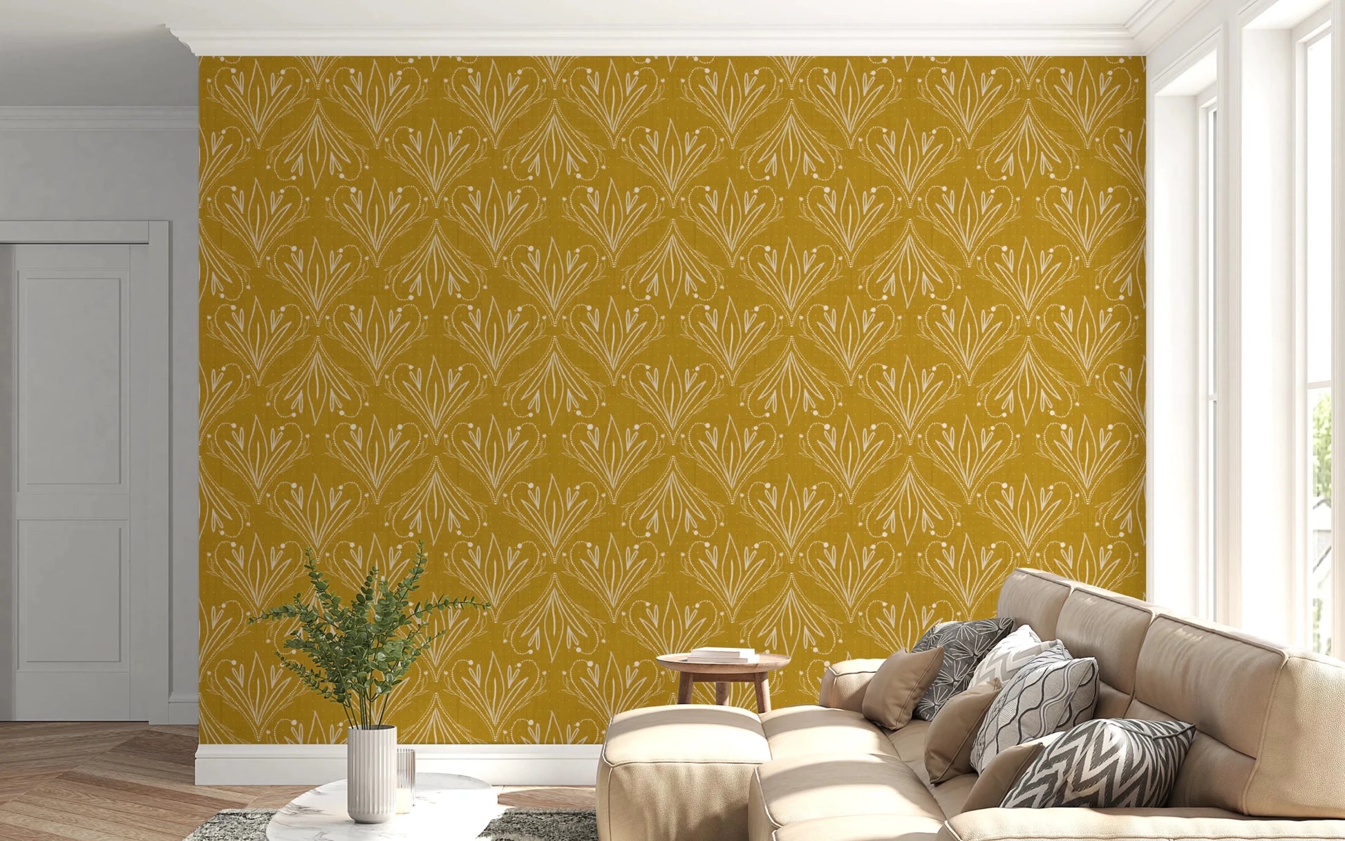 Boho Art Nouveau Folk Floral Mustard Gold Wallpaper – Hand Drawn Wallpaper⁠