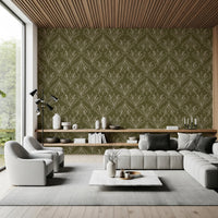 Boho Art Nouveau Folk Floral Olive Green Wallpaper – Hand Drawn Wallpaper⁠