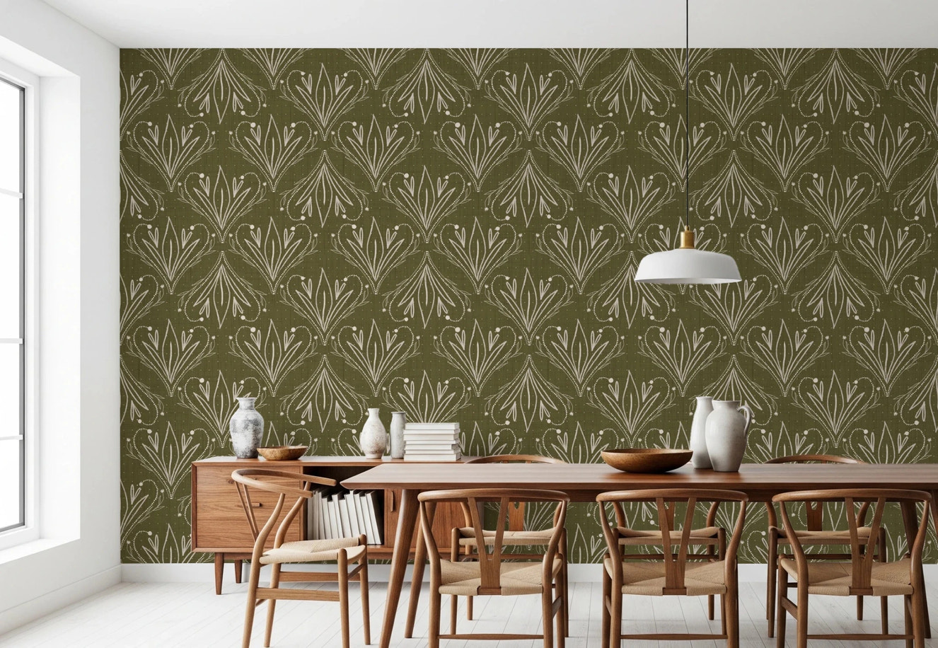 Boho Art Nouveau Folk Floral Olive Green Wallpaper – Hand Drawn Wallpaper⁠