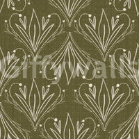 Boho Art Nouveau Folk Floral Olive Green Wallpaper – Hand Drawn Wallpaper⁠