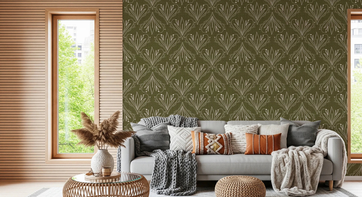 Boho Art Nouveau Folk Floral Olive Green Wallpaper – Hand Drawn Wallpaper⁠