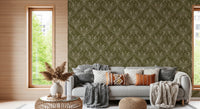 Boho Art Nouveau Folk Floral Olive Green Wallpaper – Hand Drawn Wallpaper⁠