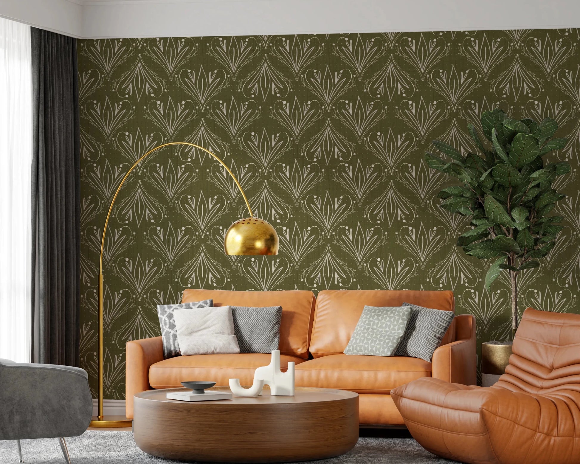 Boho Art Nouveau Folk Floral Olive Green Wallpaper – Hand Drawn Wallpaper⁠