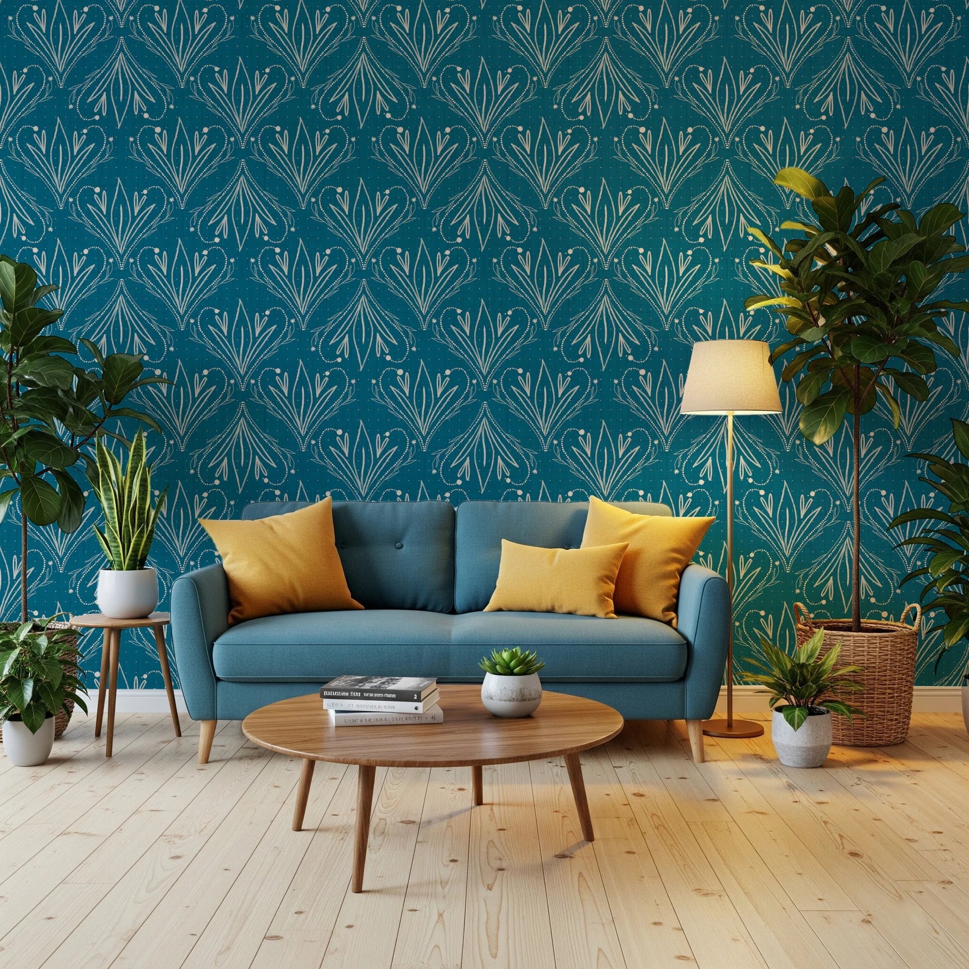 Boho Art Nouveau Folk Floral Teal Blue Wallpaper – Hand Drawn Wallpaper⁠