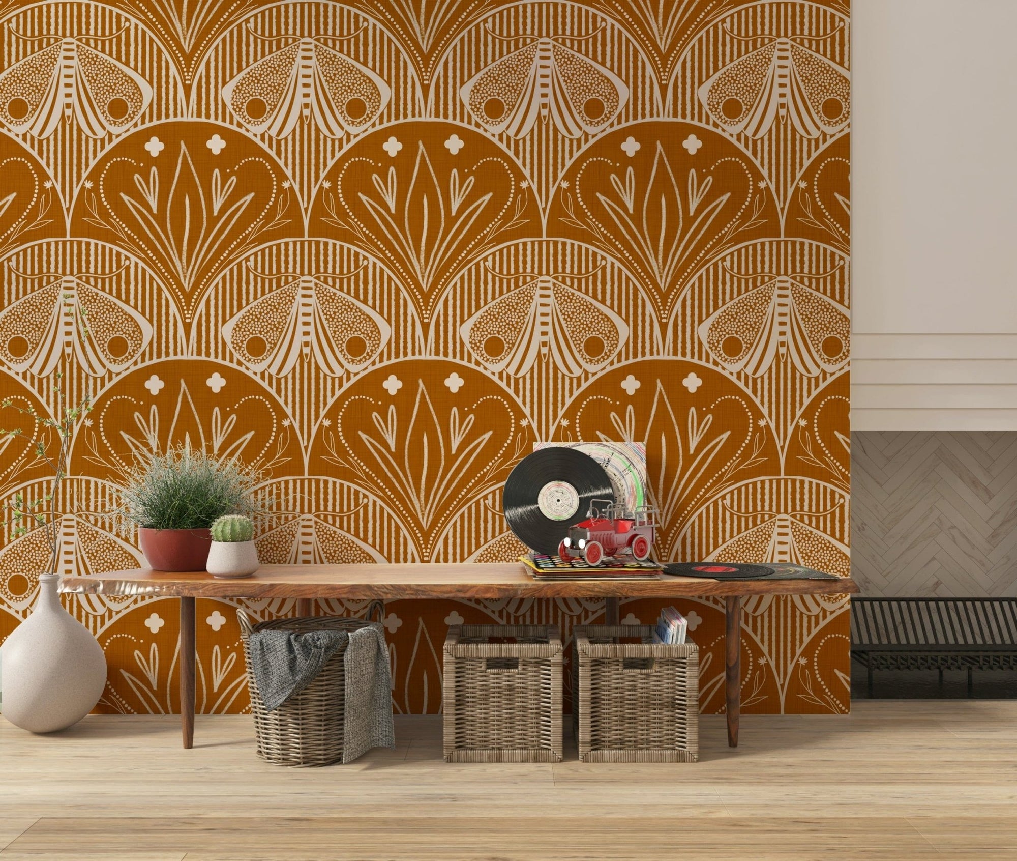 Boho Art Nouveau Scallop Butterfly Floral in Burnt Orange wallpaper mural above a wood console in an entryway