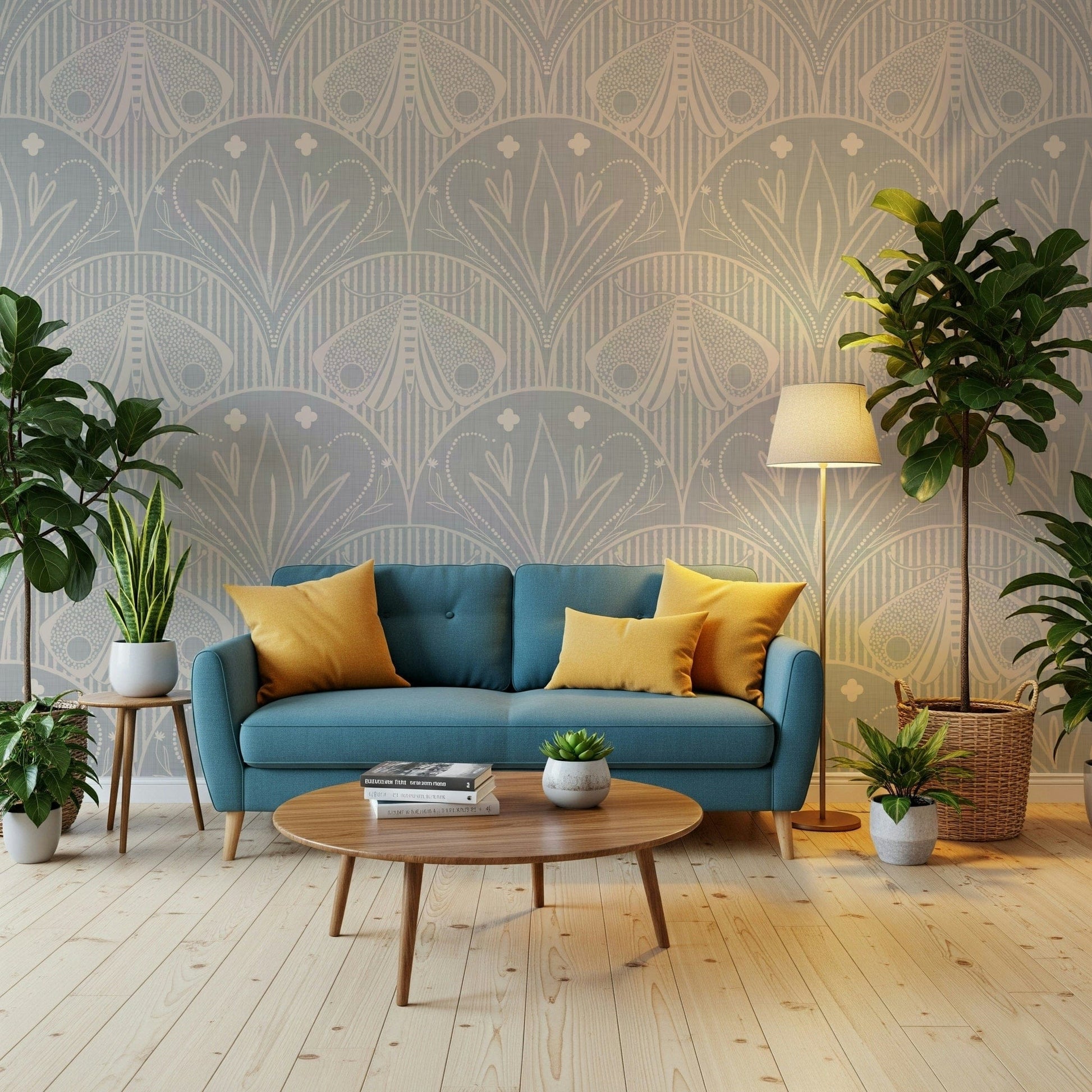 Light grey bohemian scallop butterfly wall paper fabric effect.