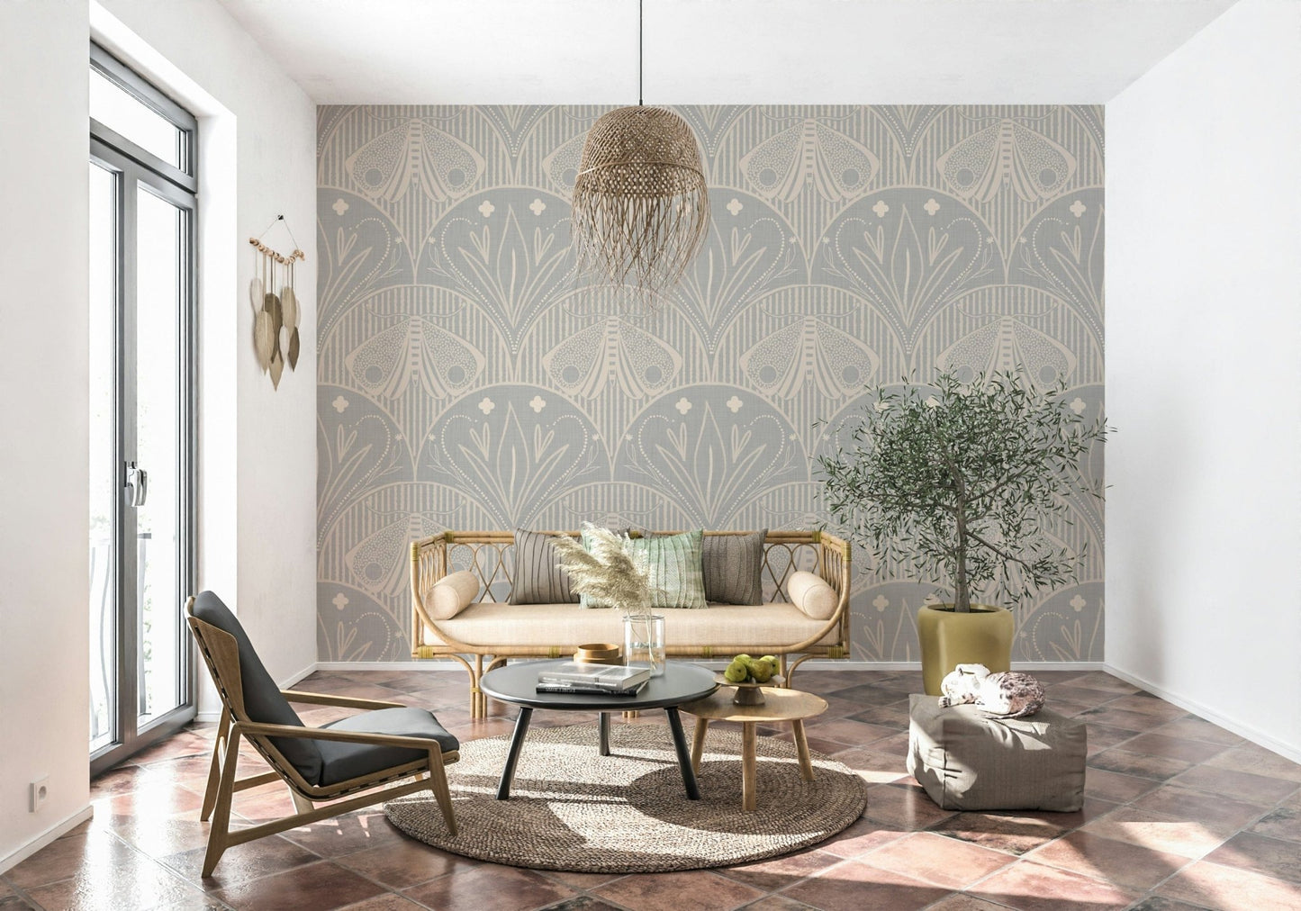 Intricate floral moth motif wall décor neutral shades wallpaper.