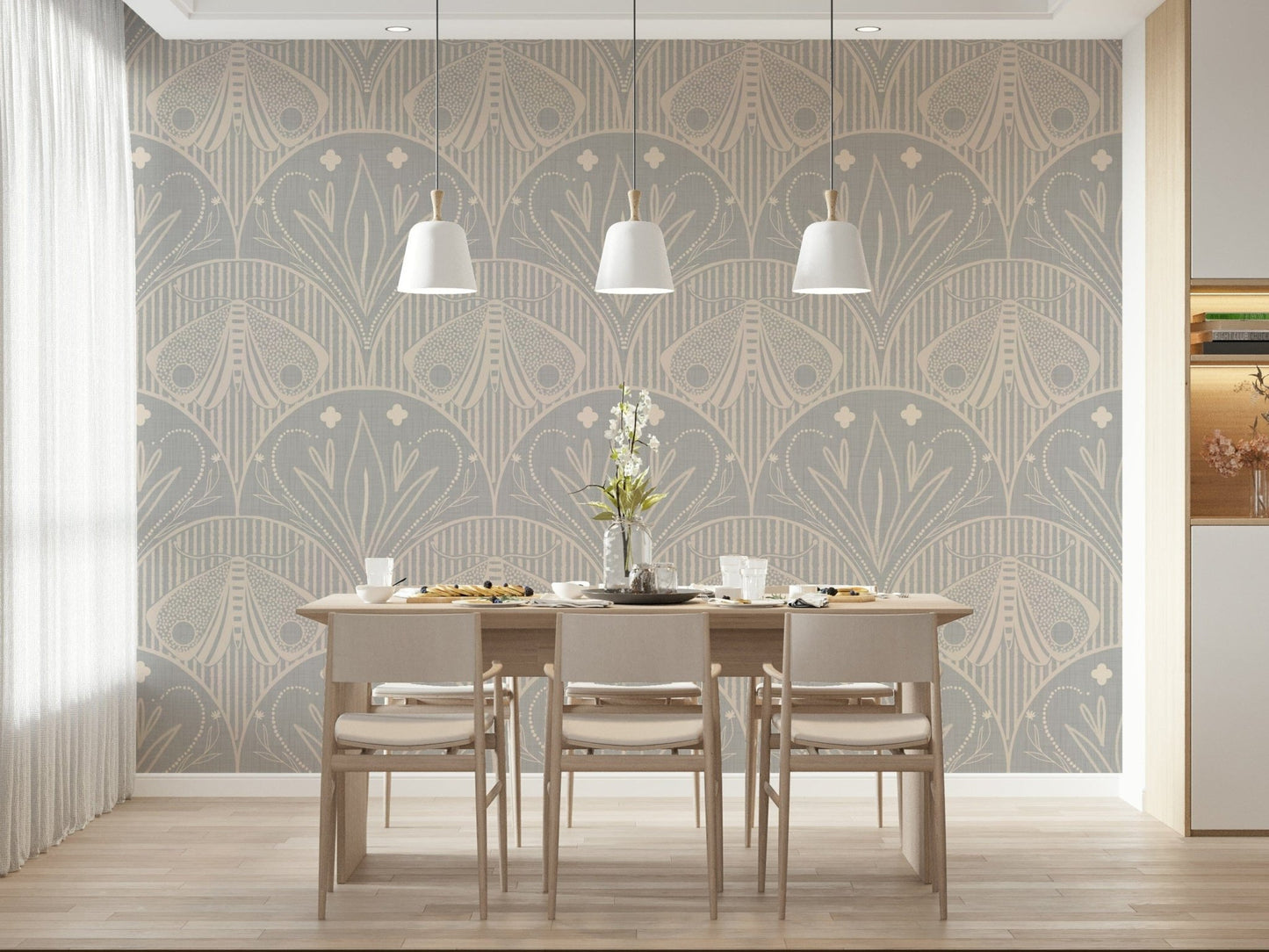 Luxury floral butterfly art wallpaper grey beige unique paper.