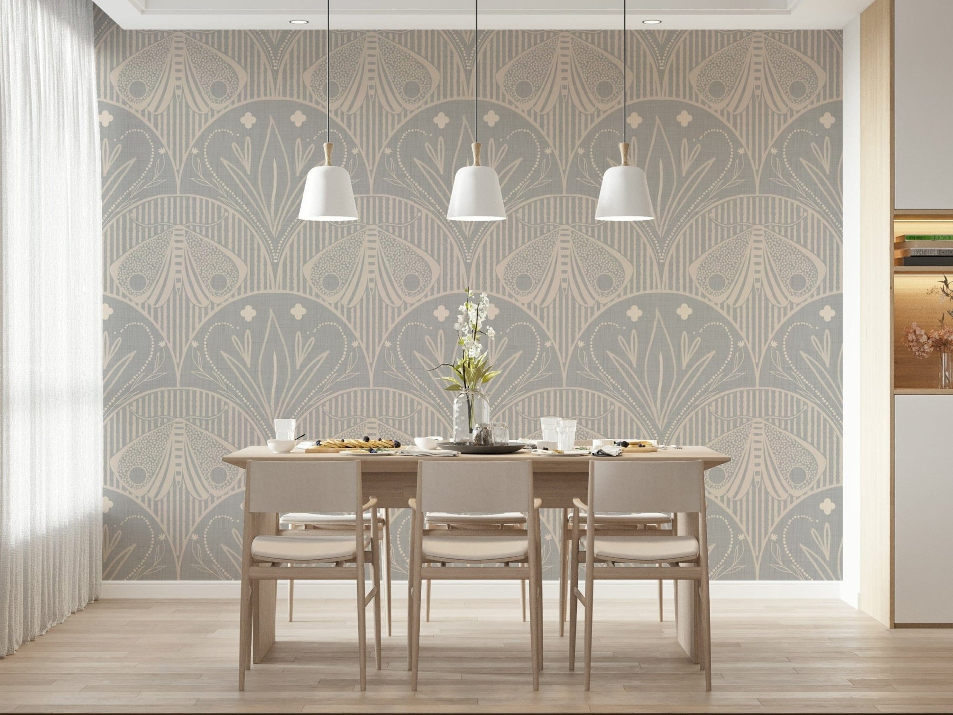 Luxury floral butterfly art wallpaper grey beige unique paper.