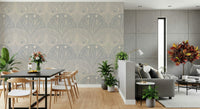 Whimsical moth design wall mural boho style subdued color.