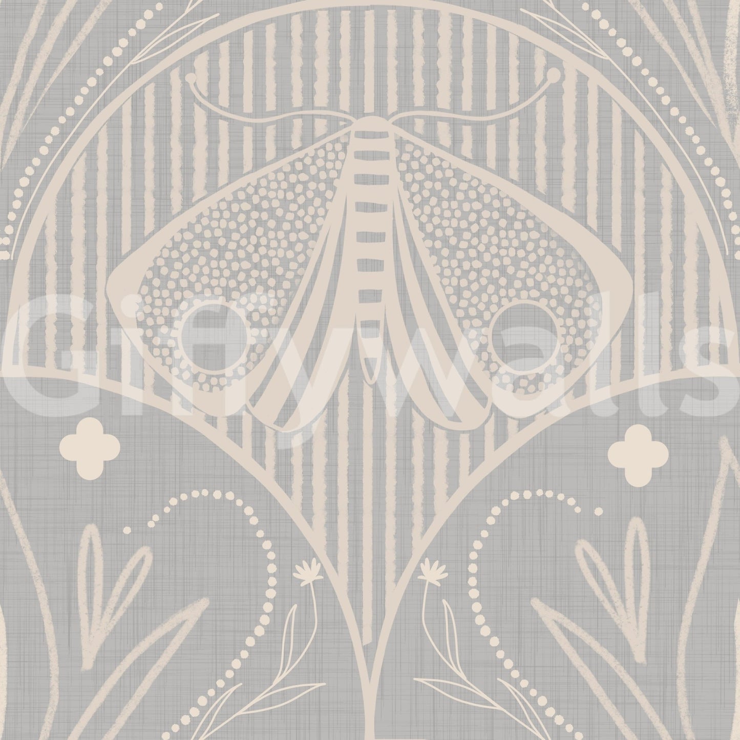Abstract moth floral wallpaper textured light grey boho pattern.