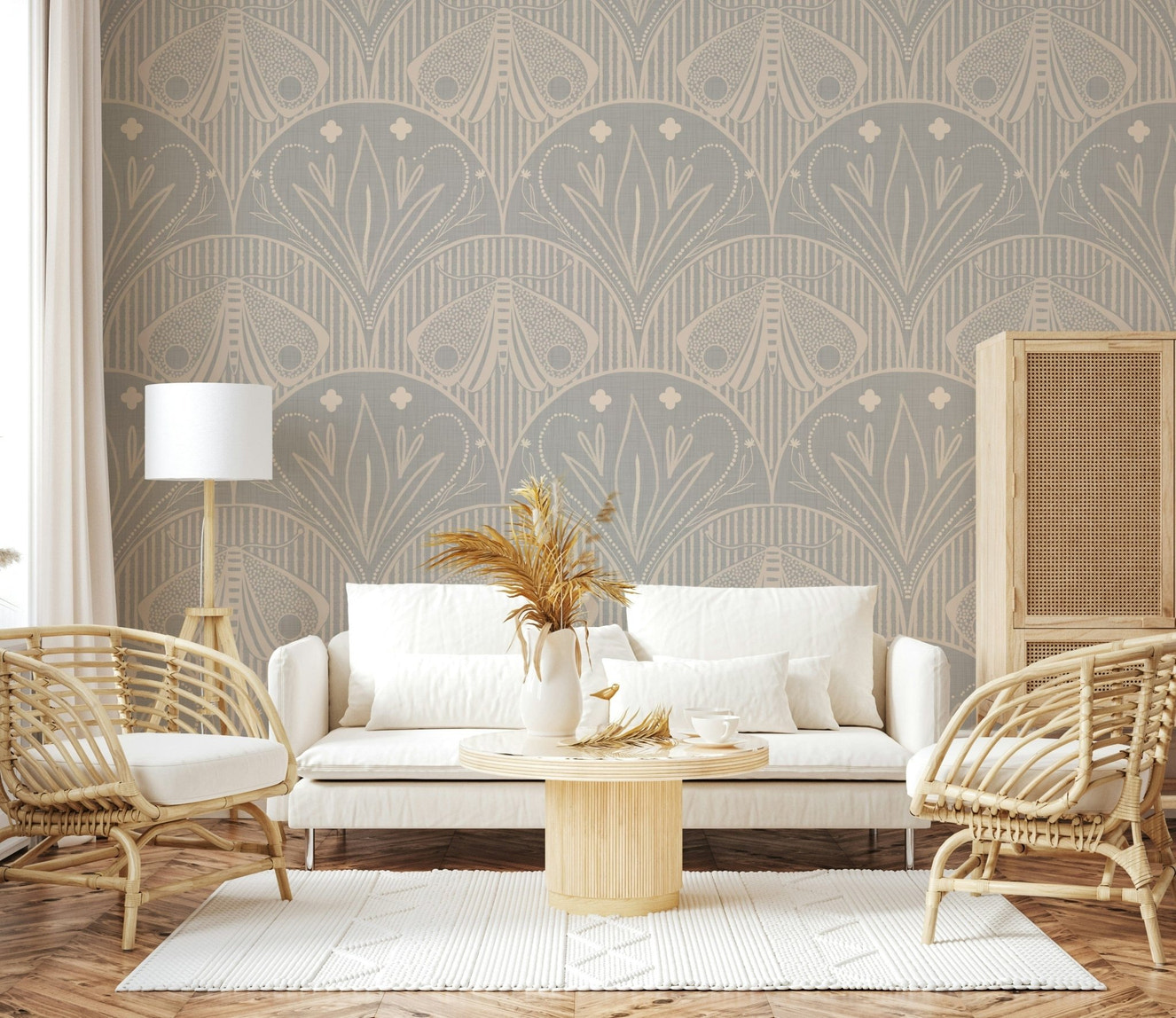 Delicate moth scallop wall covering in soft light grey pattern.