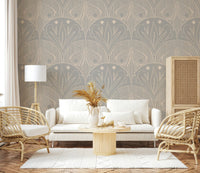 Delicate moth scallop wall covering in soft light grey pattern.